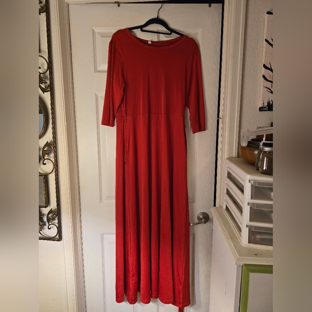 Elegant Red Maxi Dress, Long, Gorgous Red Color, Belted, Size M